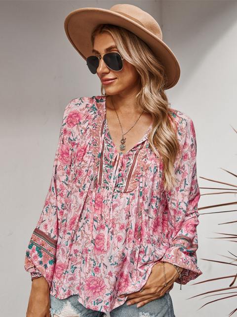 Bohe Floral Print V Neck Long Sleeve Blouse