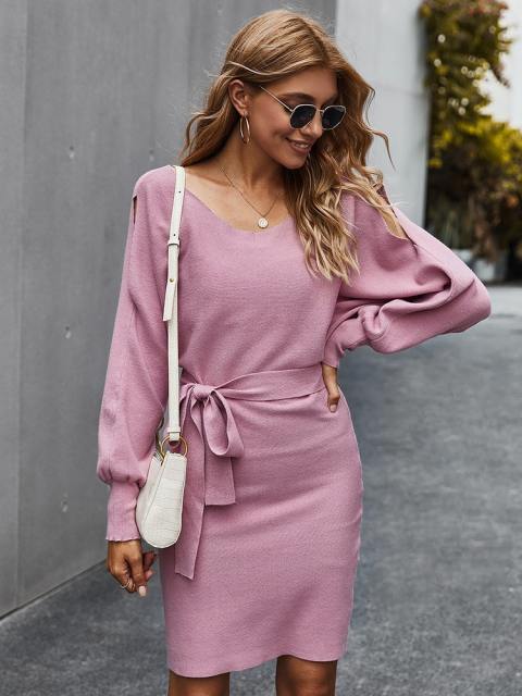 Sexy Cut Out Belted Wrap Hip Sweater Dress