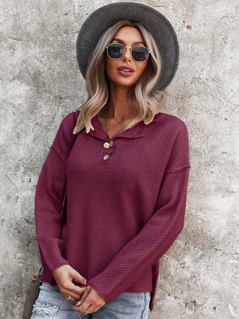 Button Crewneck Waffle Knit Pullover Top