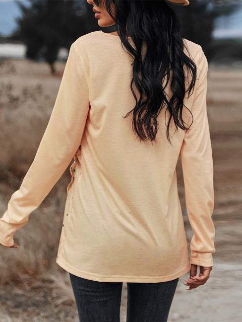 V-Neck Hem Button Slim Long-Sleeved Tops