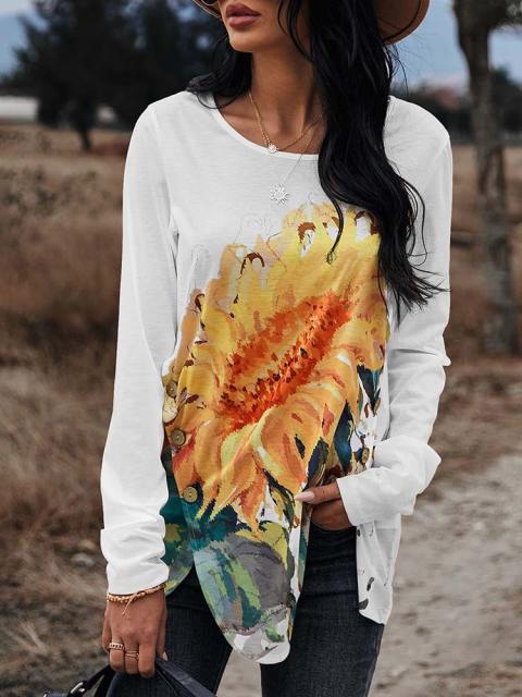 Early Spring Sunflower Print Long Sleeve Top