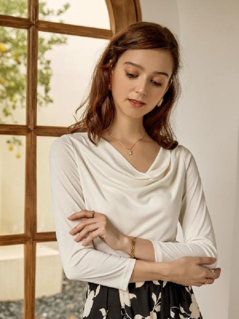 French Collarless Design Long-Sleeved Top