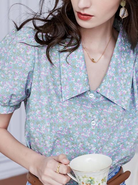 Casual Lapel Floral Print Puffy Short Sleeve Tops
