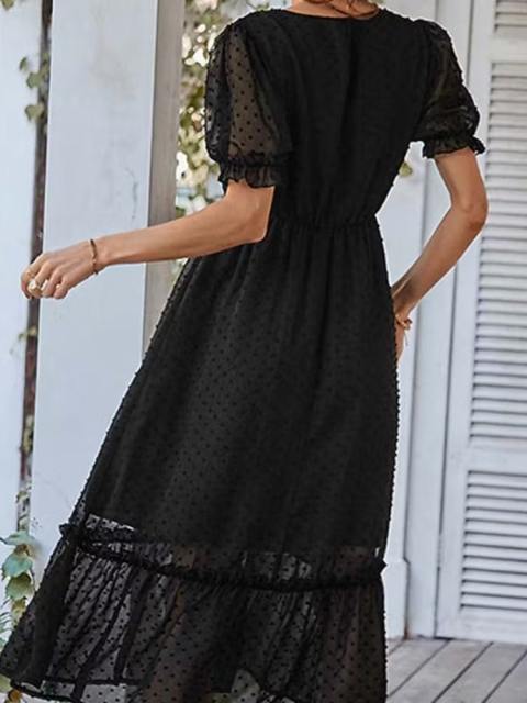 V-Neck Swiss Dot Ruffle Hem Chiffon Dress