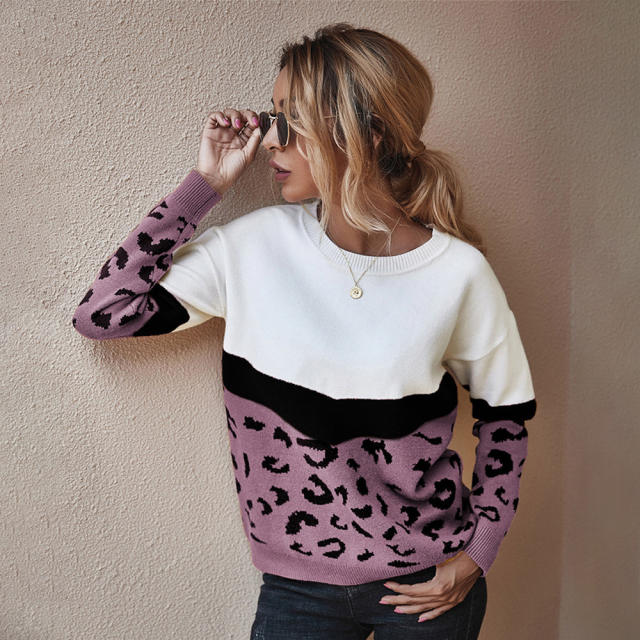 Leopard Color Block Knit Pullover Sweater Top