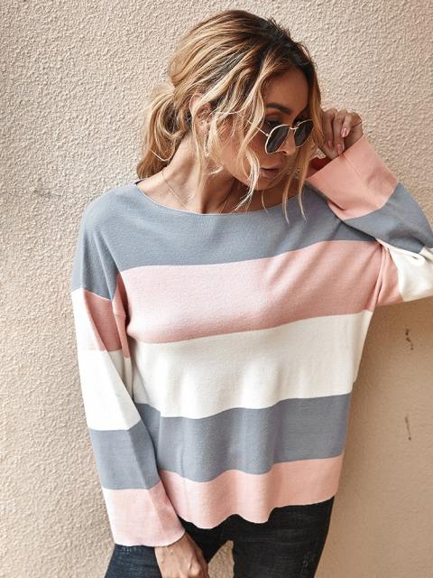 Color Block Stripe Print Long Sleeve Pullover T Shirt