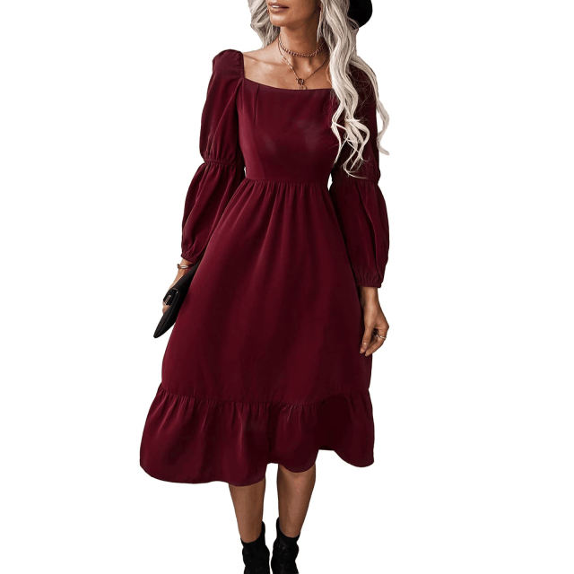 Square Neck Vintage Long Sleeve Midi Dress