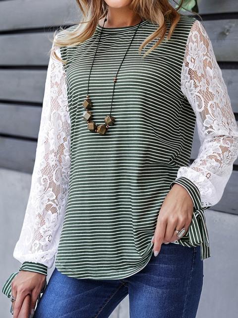 Round Neck Striped Patchwork Lace Sleeve Top