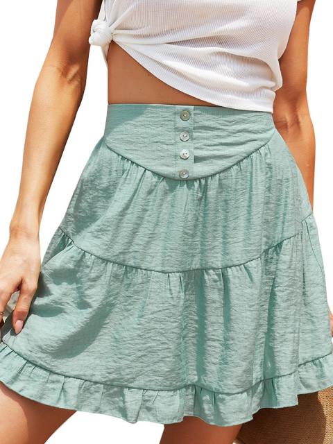 High Waist Button Tiered Ruffle Skirt