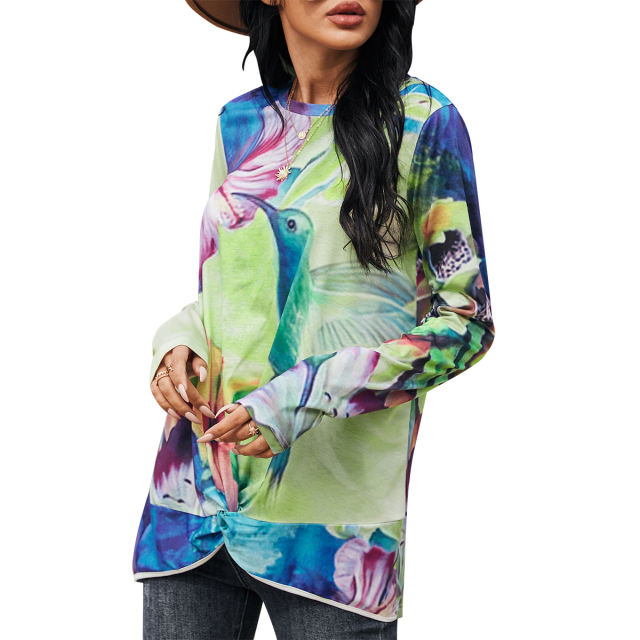 3D Round Neck Flare Print Long Sleeve T-Shirt