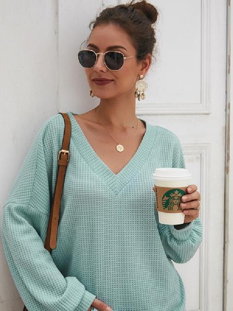 Sexy V Neck Long Sleeve Waffle Knit Top