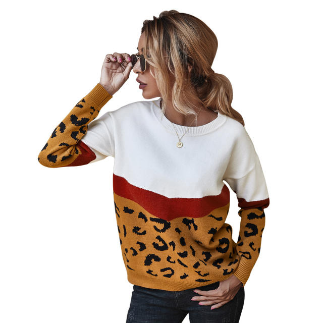 Leopard Color Block Knit Pullover Sweater Top