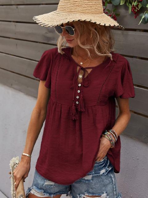 Net Color Middle Sleeve Button Down Blouse