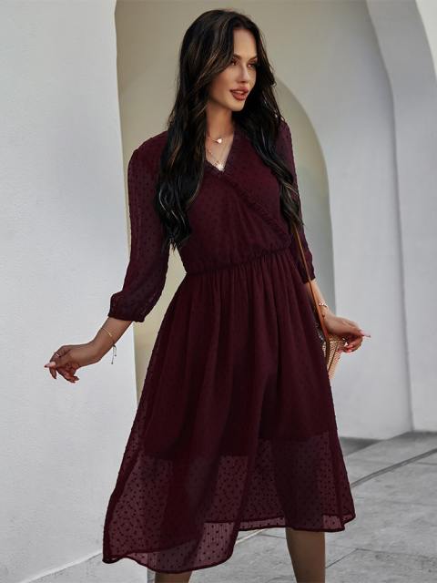 Ruffle V Neck Half Sleeve Midi Dress