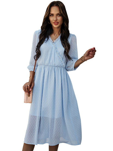 Ruffle V Neck Half Sleeve Midi Dress