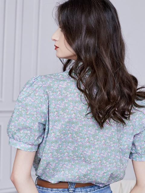 Casual Lapel Floral Print Puffy Short Sleeve Tops