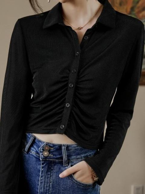 Long-Sleeved Single-Breasted Lapel Top