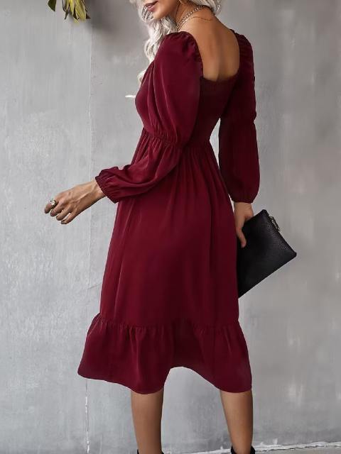 Square Neck Vintage Long Sleeve Midi Dress