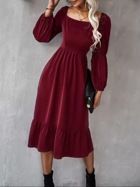 Square Neck Vintage Long Sleeve Midi Dress