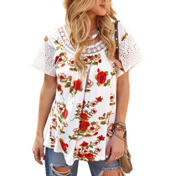 Floral Printed Spell Lace Short-Sleeved Tops