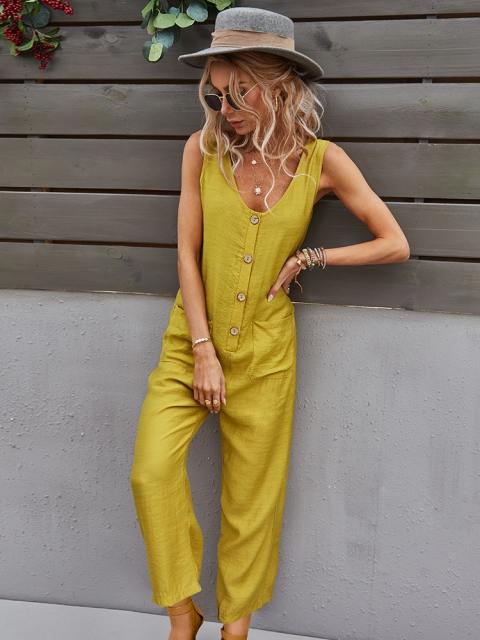Round Neck Solid Color Sleeveless Jumpsuit