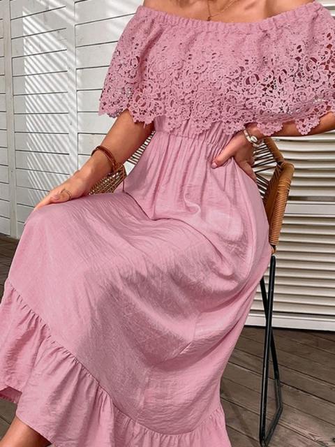 One-Shoulder Lace Patchwork Ruffle MIdi Dress