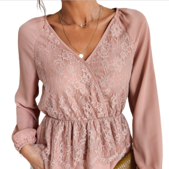 Contrast V-Neck Lace Ruffle Front Blouse