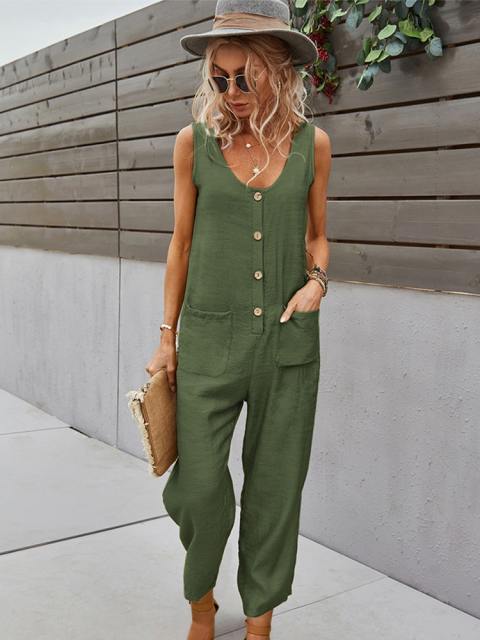 Round Neck Solid Color Sleeveless Jumpsuit