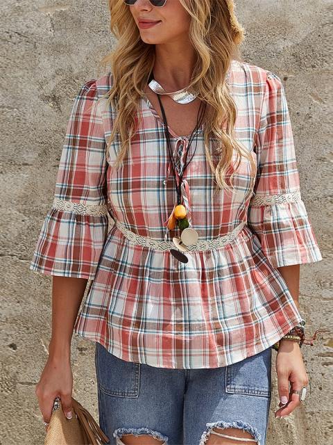 Plaid V Neck Bell Sleeve Ruffled Crop Top