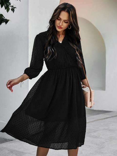 Ruffle V Neck Half Sleeve Midi Dress