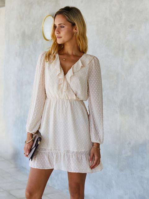 V Neck Polka Dot Long Sleeve Ruffle Dress