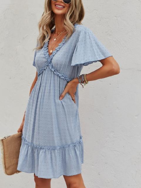 Solid Color V Neck Ruffle Midi Dress