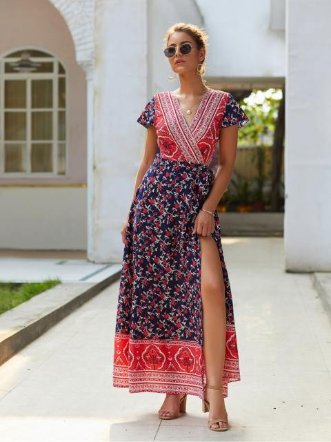 V-Neck Floral Print Split Boho Long Dress