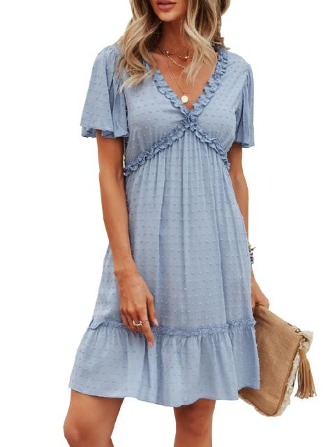 Solid Color V Neck Ruffle Midi Dress