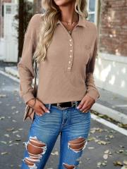 Solid Color Polo Collar Pocket Knit Top