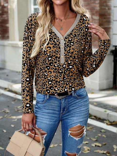 Elegant V Neck Leopard Knit Top