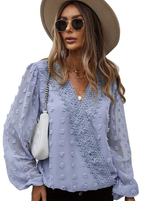 Lace Trim Swiss Dot Pompom Chiffon Blouse