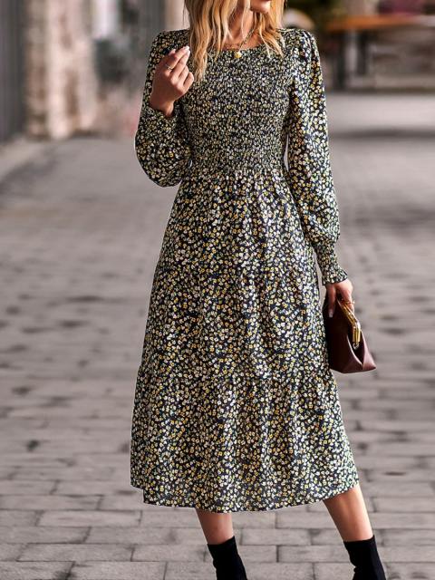 Floral Print Lantern Sleeve Smocked Maxi Dress