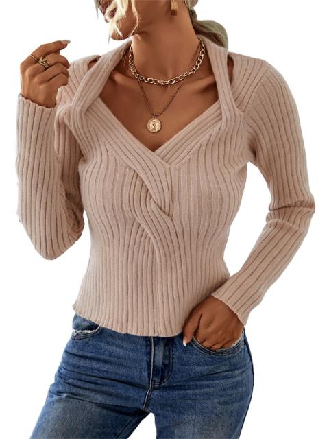 Cutout V-Neck Twisted Knit Pullover Sweater