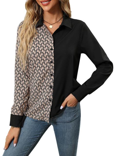 Two-Tone Patchwork Print Button Front Blouse
