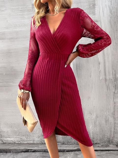 Contrast Lace Flounce Sleeve V Neck Knit Dress