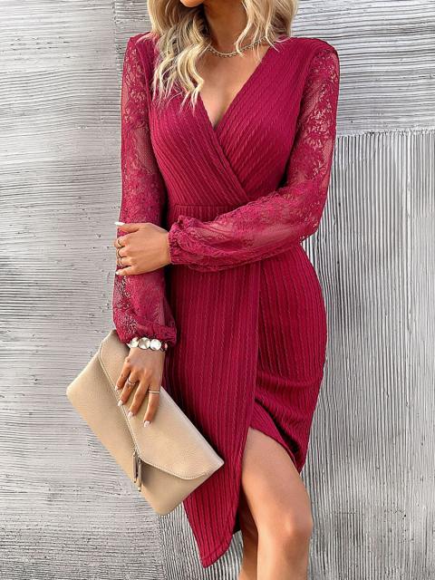 Contrast Lace Flounce Sleeve V Neck Knit Dress
