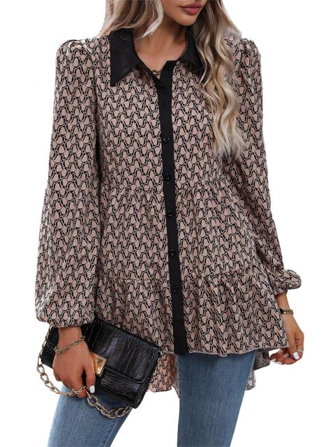 Lantern Sleeve Button Front Tiered Blouse