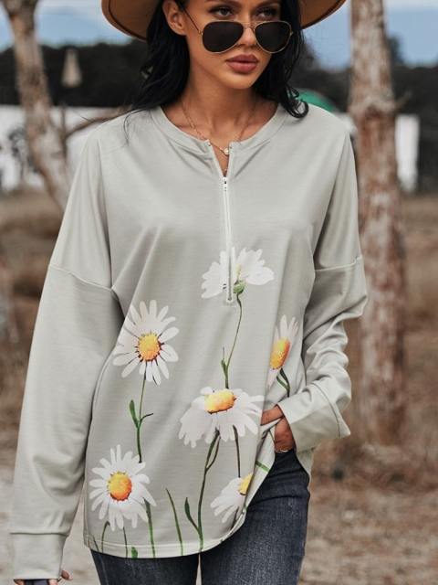 Early Spring Sunflower Print Zipper Sweatshirt