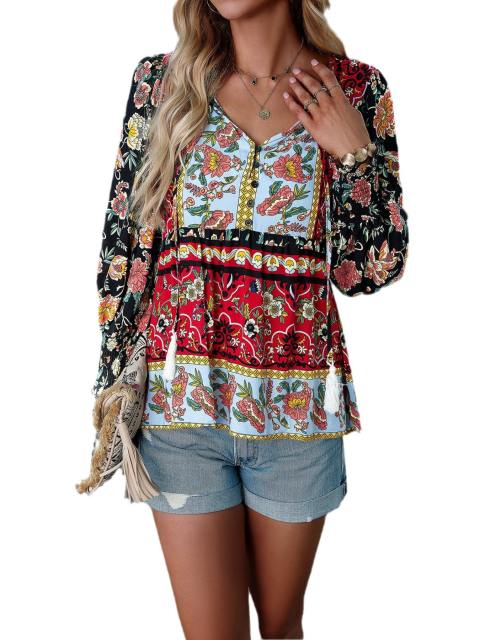 Boho Floral Print Lantern Sleeve Peplum Blouse