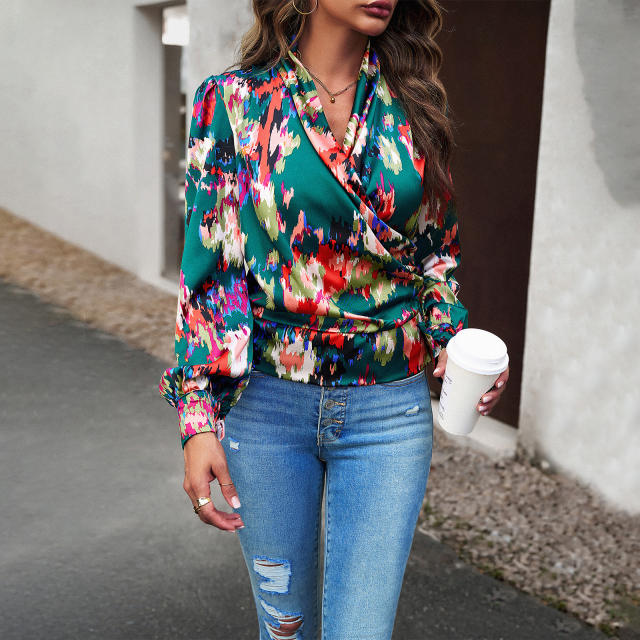 Print Surplice Neck Puff Sleeve Blouse