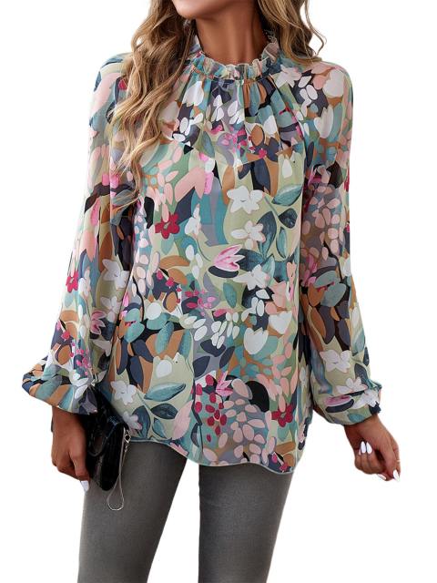 Floral Print Mock Neck Flounce Sleeve Blouse