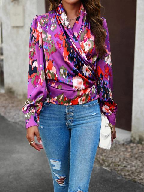 Print Surplice Neck Puff Sleeve Blouse