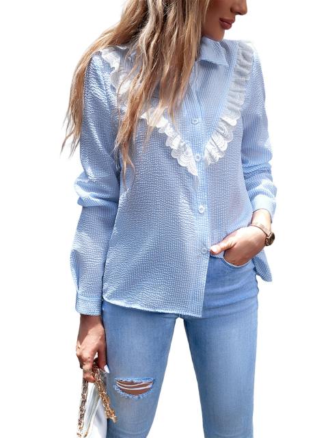 Casual Striped Ruffle Trim Button Front Shirt