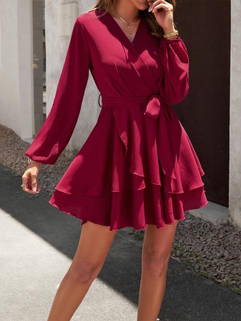 Surplice Neck Tie Belt Ruffle Mini Dress